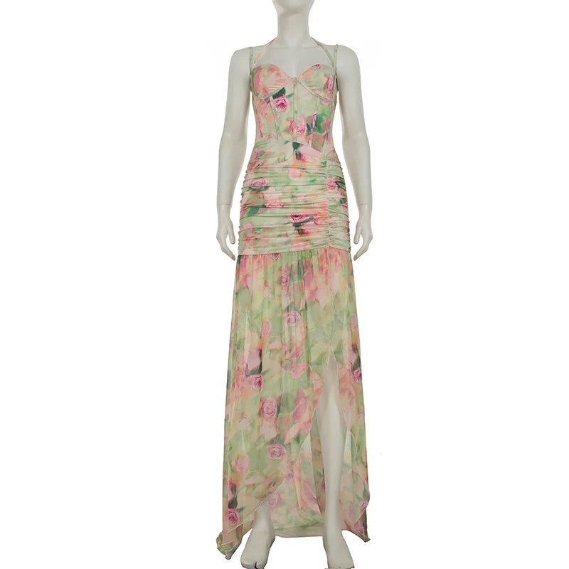 Hnewly  French Floral Print Split-Hem Pleated Dress Women Summer Vacation Sleeveless Dress Y2k Casual Clothes  Grunge Fairycore
