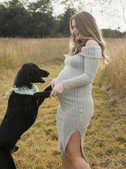 Hnewly  Fashion Maternity Photography Dress Off Shoulder Knit Bodycon Gown Outdoor Pregnancy Photo Shoot Outfit Maternity Photo Prop