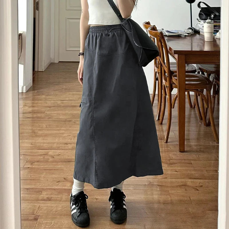 Hnewly  American Retro Cargo Skirt for Women Summer Drawstring Design High Waist Mid-Length Skirt Woman Y2K Streetwear Pocket Skirts