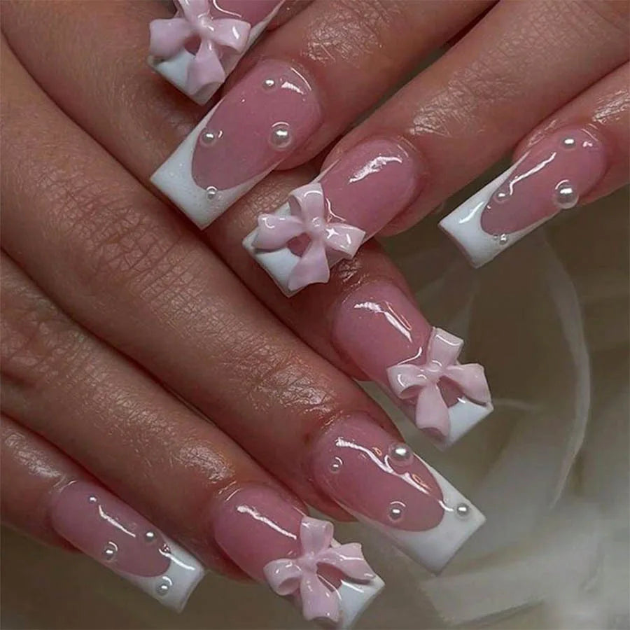 Hnewly Pink French Style Fake Nails 3D Bowknot Designs Short Square Press on Nails Sweet Korean Fashion False Nails for Women and Girls