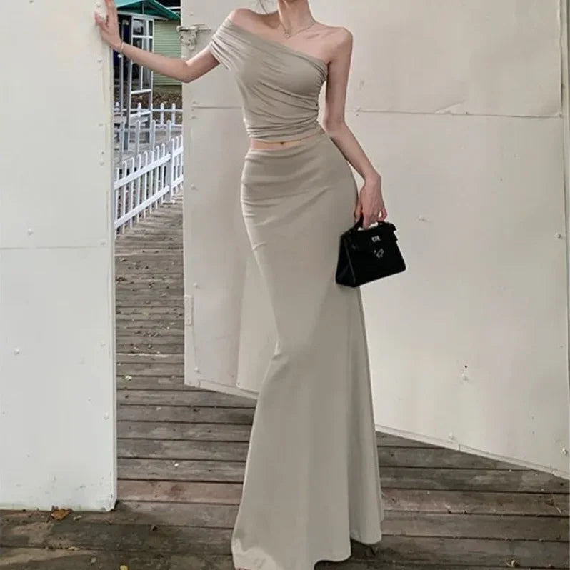 Hnewly Women's Summer One Shoulder Pleated Slimming Top, Slim Fit Half Skirt, Long Skirt Two-Piece Set