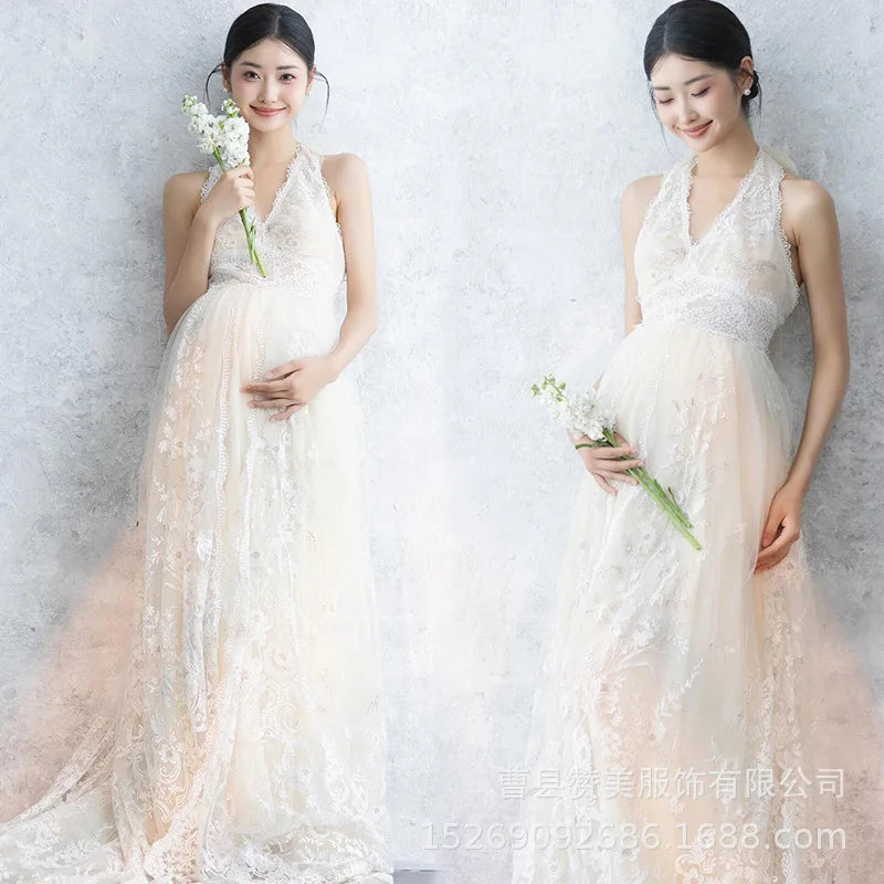 Hnewly  Women Maternity Photoshoot Outfits White Lace Elegant Slim Deep V Dress for Pregnancy Studio Photo Shooting Clothing Fotografia