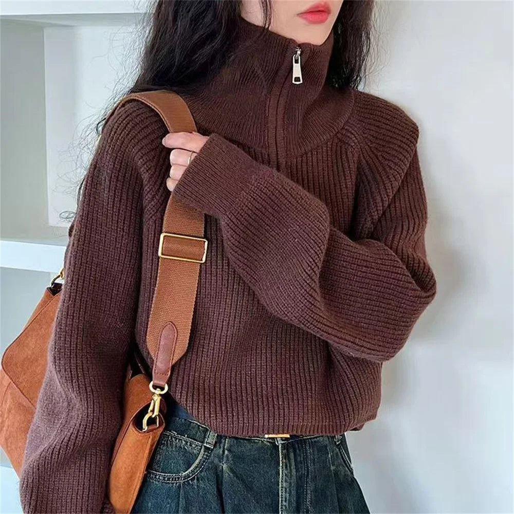Hnewly  Sweater Pullover Women Autumn Winter Korean Design New Zipper Loose Style Popular Sweater Female Tops Solid Color Pullovers