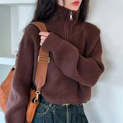 Hnewly  Sweater Pullover Women Autumn Winter Korean Design New Zipper Loose Style Popular Sweater Female Tops Solid Color Pullovers