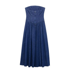 Hnewly  Maternity Photoshoot Strapless Denim Dress Deep Blue Waist Cinch Full Skirt Pregnancy Photo Outfit Baby Shower Rustic Studio Pro