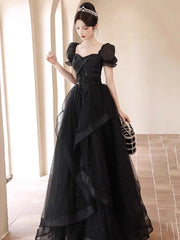 Hnewly New Graduation High School Dress French High end Black Long Evening Dresses for Women Bubble Sleeve Bridesmaid Wedding Dress