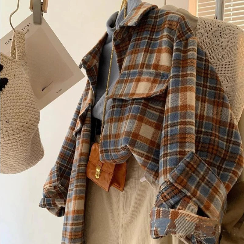 Hnewly Plaid Woolen Shirts Women Tops Vintage Baggy Casual Outwear Fashion Korean Style Pockets All-match Chic Lapel Camisas De Mujer