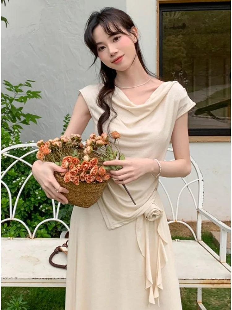 Hnewly Summer New Flowers Korean Fashion Irregular T-Shirt Top Women's French Elegant Pastoral Casual Long Skirt Two Piece Set