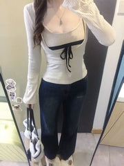 Hnewly  Korean Style Sexy T-Shirts Women Sweet Coquette Two Piece Sets Long Sleeve Tops Fashion Aesthetics Patchwork T-Shirts