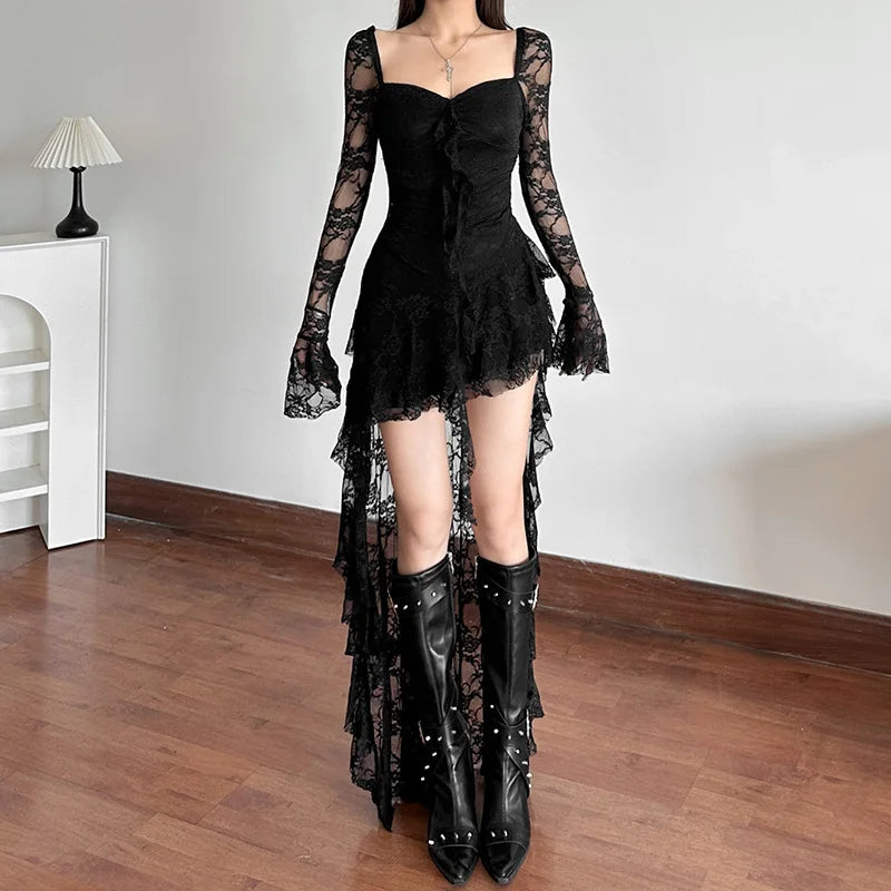 Hnewly  Goth Dark Fairycore Lace Flare Sleeve Square Neck A-line Dress Sweet E-girl Irregular Long Hem Dresses Cyber Y2K Party Vestido