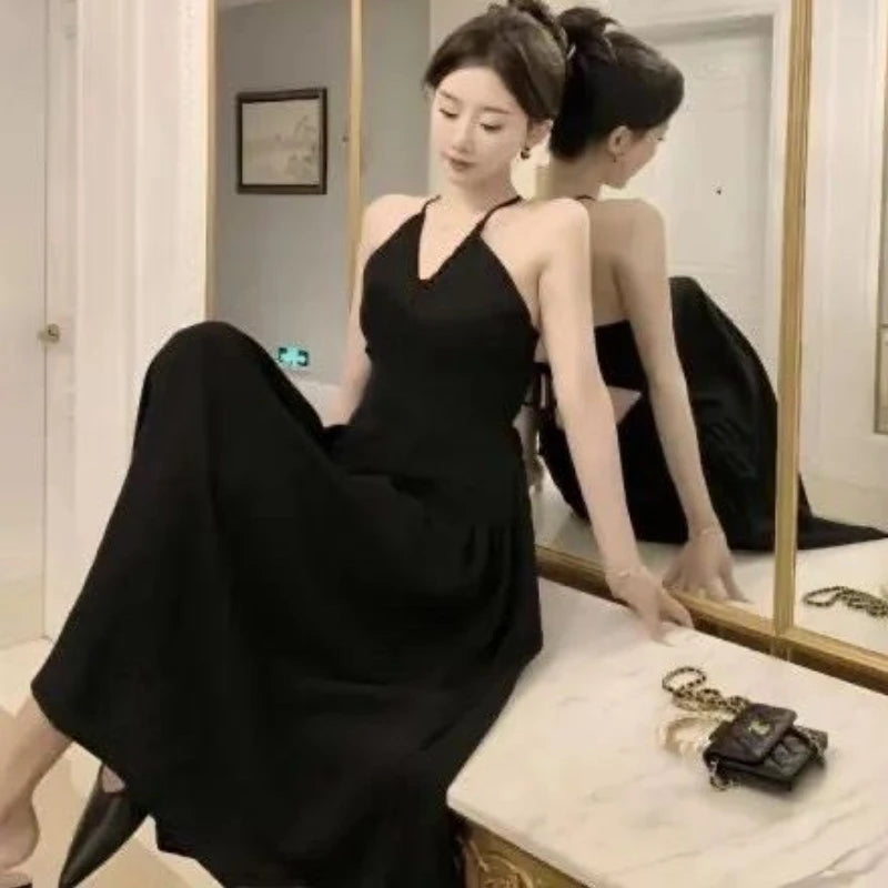 Hnewly Black Halter Dress for Women Backless Sexy Elegant Holiday Summer French Style Chic A-line Party Classic Streetwear New Vestidos