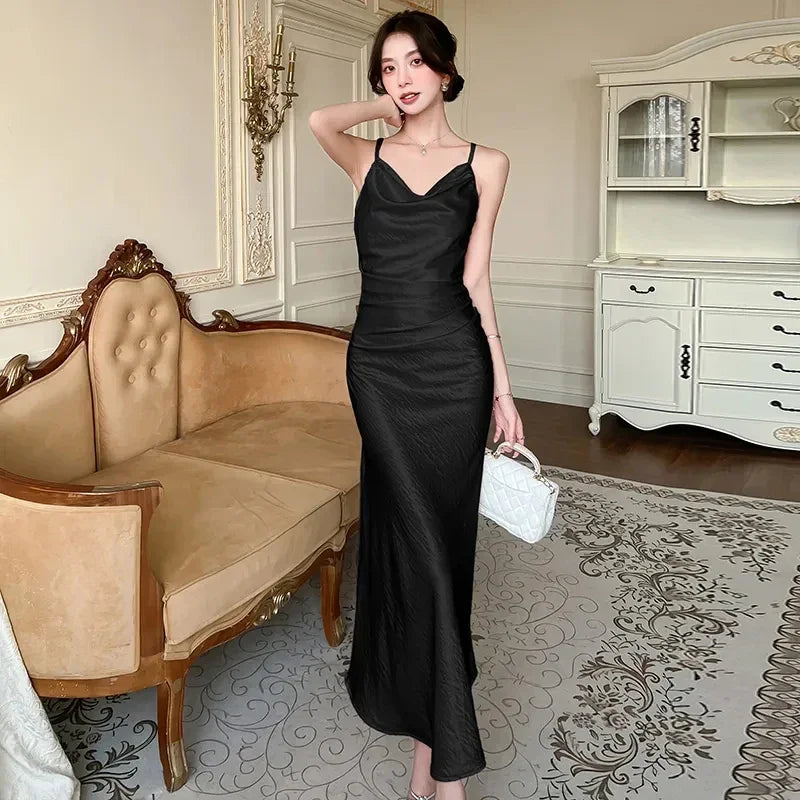 Hnewly Sexy Backless Satin Camis Dress Women Summer French Spaghetti Straps Slim Midi Dress Female Elegant Solid A Line Dress New