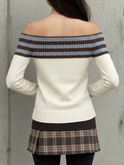 Hnewly  Harajuku Slash Neck Stripe Sweaters Grunge Vintage Women Star Jacquard Pullovers Y2k Aesthetic Sexy Knitted Bodycon Jumper