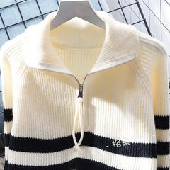 Hnewly  Half Zipper Stripe Pullover Sweater  Women Loose Knitted Base Shirt  2025 Spring /Autumn Japanese Style Long Sleeve Pullover Top