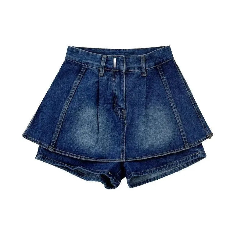 Hnewly Fake Two Pieces High Waisted Denim Shorts Skirt Women's Summer Korean Slimming Pleated Short Dresses Spicy Girl A-line Hot Pants