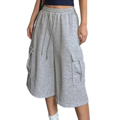 Hnewly  Women's Harajuku Style Baggy New Trendy Gray Color Elastic Waist Pockets Mid-length Pants Fashion Streetwear Versatile Trousers