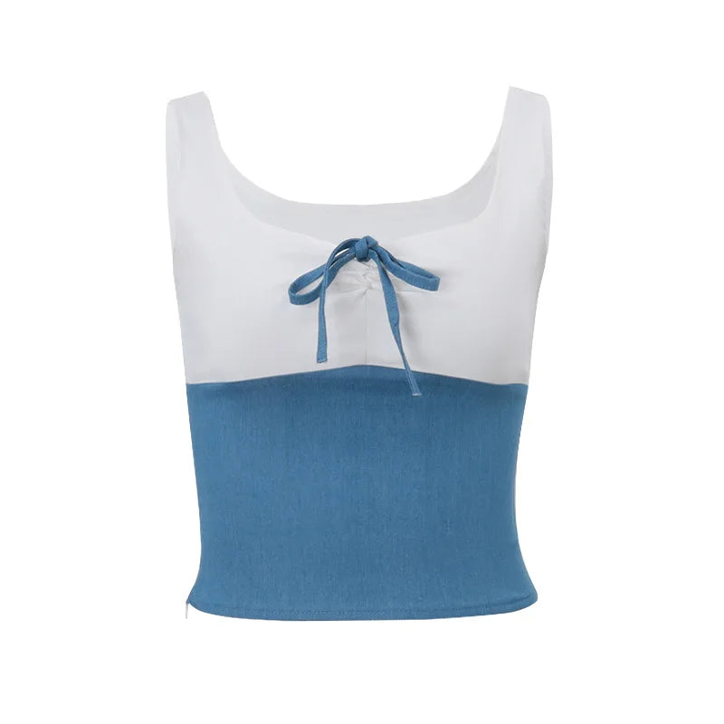 Hnewly  New Casual Sexy Low Cut Ruched Front Bowknot Bodycon Crop Tank Top Y2K Women Summer Sleeveless Contrast Color Camisole Vest