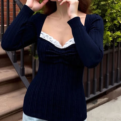 Hnewly  Cottage Grunge Lace Trim T-shirt 90s Aesthetic Vintage Long Sleeve Pullovers Women Autumn Square Collar Slim Fit Tees Shirt