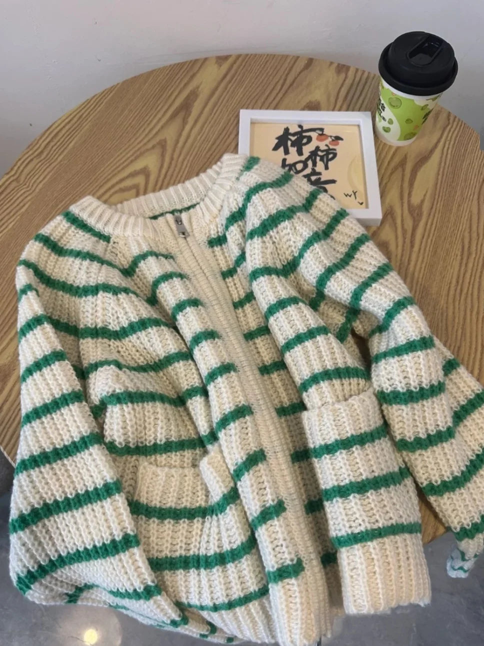 Hnewly  Green Striped Zippered Sweater Knitted Cardigan Women's Spring Autumn O-Neck Top New Loose Harajuku Long Sleeved Outwear