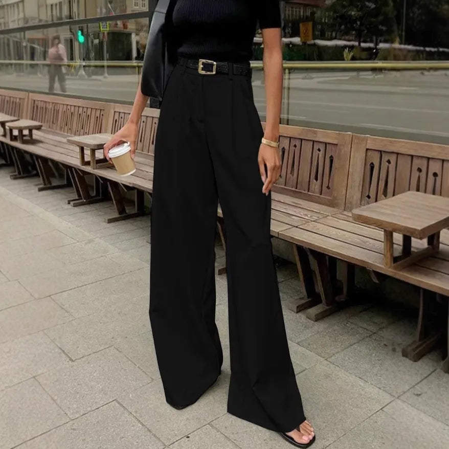 Hnewly  Office High-waisted Wide-leg White Suit Pants Women's Fall Loose and Drape Casual Straight Mopping Black Trousers