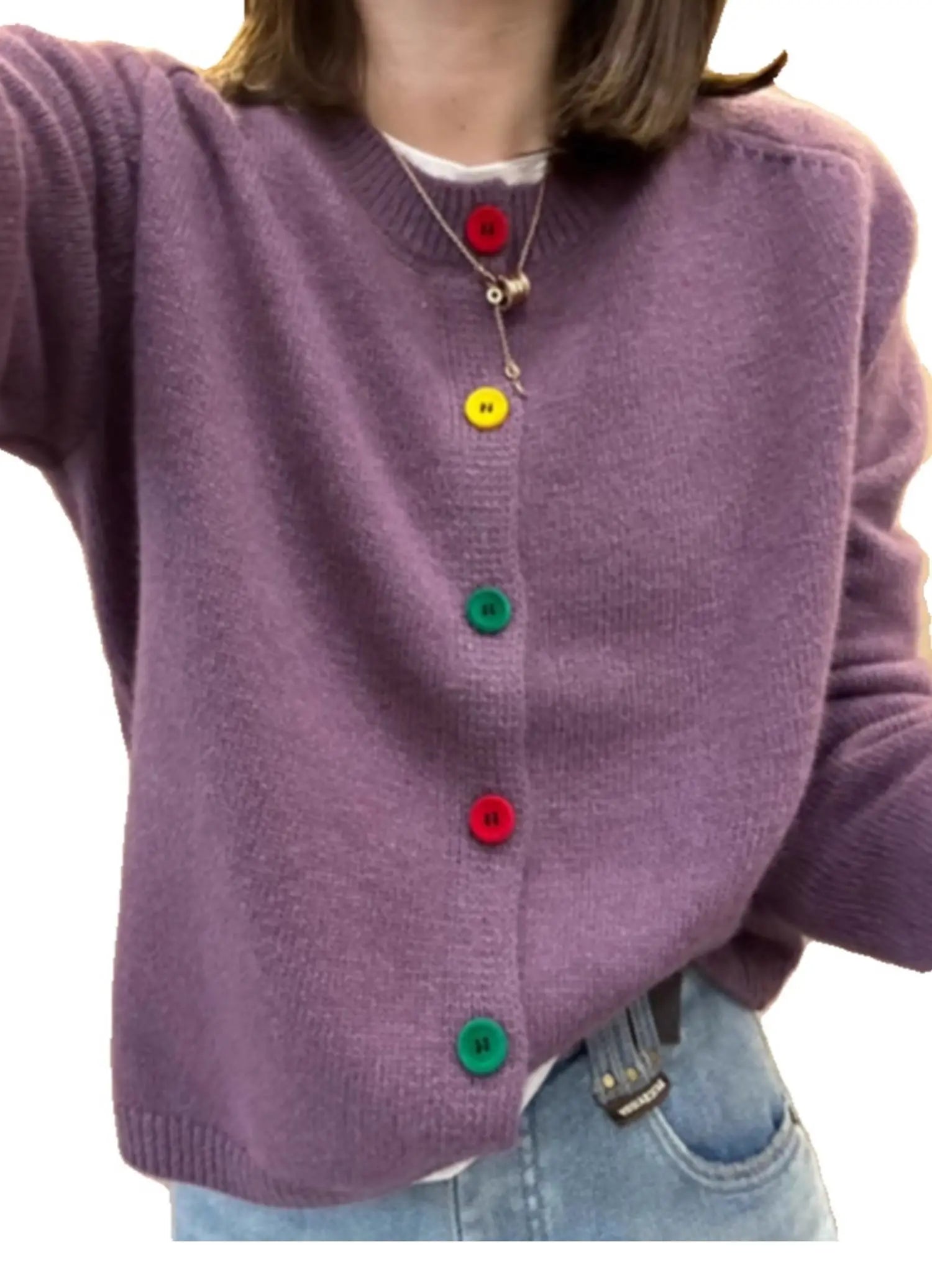 Hnewly  Rainbow Single Breasted Sweater O-neck Knitted Cardigan Korean Sweet Spring  Autumn New Lazy Style Long Sleeve Pink coat