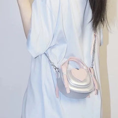Hnewly  Silver Heart Chain Crossbody Designer Mini Bow Shoulder Bag Women Fashion Handbag Ladies Versatile Lipstick Purses Y2k Aesthetic