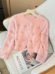 Hnewly  Beading O-Neck Plush Long Sleeved Sweater  Women's Autumn Loose Soft Glutinous Knit Cardigan Elegant Single Breasted Short Top