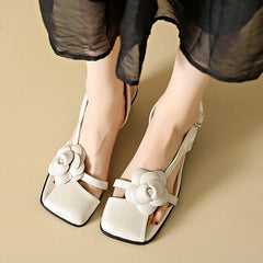 Hnewly Flower High Heels Silver Sandals Women Summer Square Toe Thick Heeled Sandals Woman Elegant Slingbacks Party Shoes