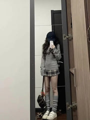 Hnewly  Y2k Gray V Neck Sweaters Mujer Autumn Winter New Knitted Pullover Fashion Slim Fit Long Sleeve Top for Women