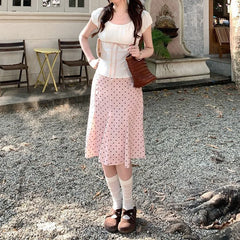 Hnewly  Summer Elegant Polka Dot Midi Skirt Short Sleeve T-Shirt Set Women's Fashion Design Sense White Cotton Blend Casual Outfit