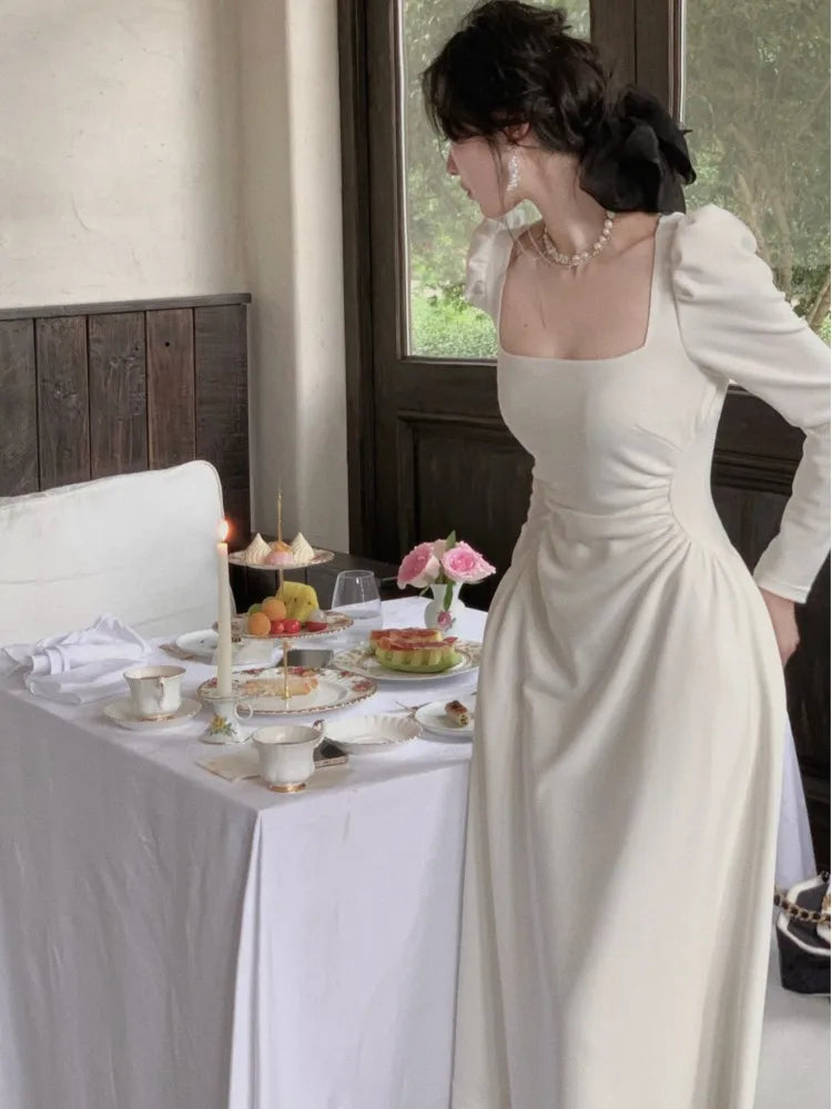 Hnewly Spring New Elegant Square Collar Midi Party Dress  For Women Long Sleeve Black White Slim Vestidos Female Clothes