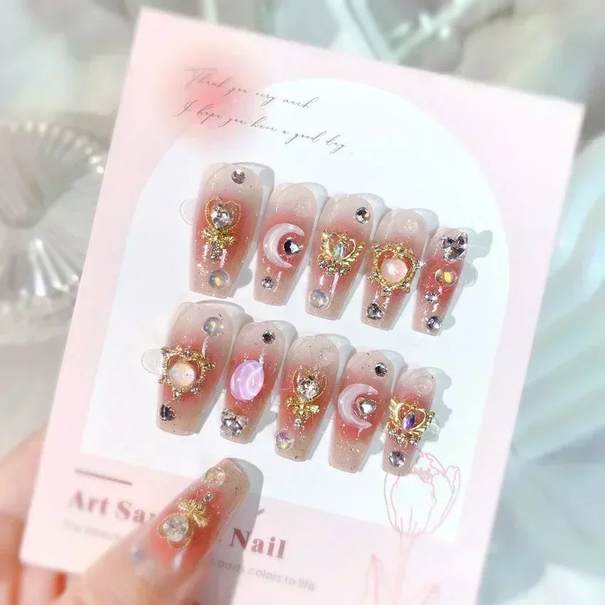 Hnewly 24Pcs False Nails French Gradient Ballet Fake Nails Press on Nails Black Heart Rhinestone Design Glitter Full Cover Nail Tips