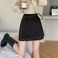 Hnewly  Autumn and Winter Slimming Features Heavy Rivets Deerskin Velvet Tassels Retro New Style High-end Feel High-waisted Brown Skirt