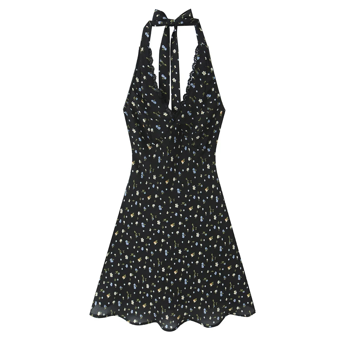 Lunivop  Sexy Black Floral Print Spliced Lace Bow Halter V Collar Backless Mini Dress Women Elastic Zipper Back A-line Short Robe Holiday