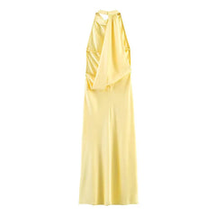 Hnewly  Elegant Silk Women's Dress Fashion Solid Sleeveless Backless Slim Maxi Dresses Summer Chic Female Vacation Holiday Robe