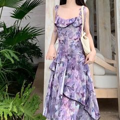 Hnewly  Spring New Women French Sleeveless Retro Camisole Dress Irregular Mesh Printed Dress Slim Ruffles Long Fairy Dress