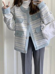 Hnewly  Fall Women Sweet Tweed Jacket Vintage Casual Long Sleeve Elegant Coat French Cute O Neck Women Fall Winter Retro Tops New