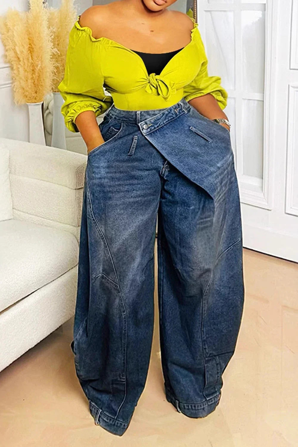 Hnewly  Y2K Women Loose Denim Jeans Asymmetric Button Pocket Washed Jean Casual Harajuku High Street Grunge Denim Trouders Pants