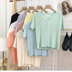 Hnewly  Knitted Short Sleeved T-shirt Sweater Women Spring  Summer 2025 Thin Loose V-neck Single Breasted Top Solid Short Cardigan Coat