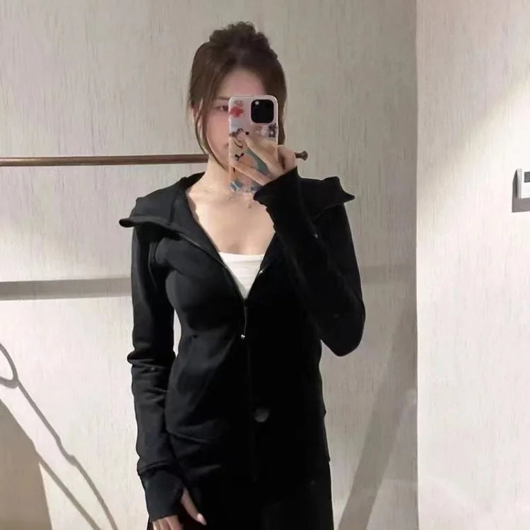 Hnewly 2025 Autumn New Cardigan Coat Women Y2k Slim Fit Black Hooded Sweatshirt Fashion All-match Long Sleeve Zipper Tops Mujer Jacket