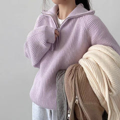 Hnewly  Quarter Zip Sweater Pullover Women Chunky Knit Polo Collar Oversize Jumper Sweater Jacket Teen-girl Autumn Winter Casual Outfit