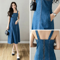 Hnewly  Denim Spaghetti Strap Dress New Summer Women's Retro Strap A-Line Dress Classic Blue Tea-Length Versatile Slim Sun Dresses