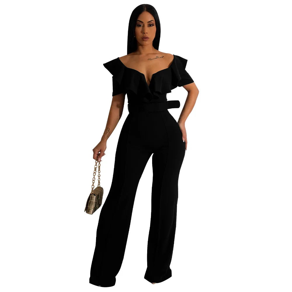 Hnewly Sexy Women Solid Color V Neck Flounce Girdling One-piece Long Sleeve Elegant Wide-Leg Jumpsuits Party Overalls
