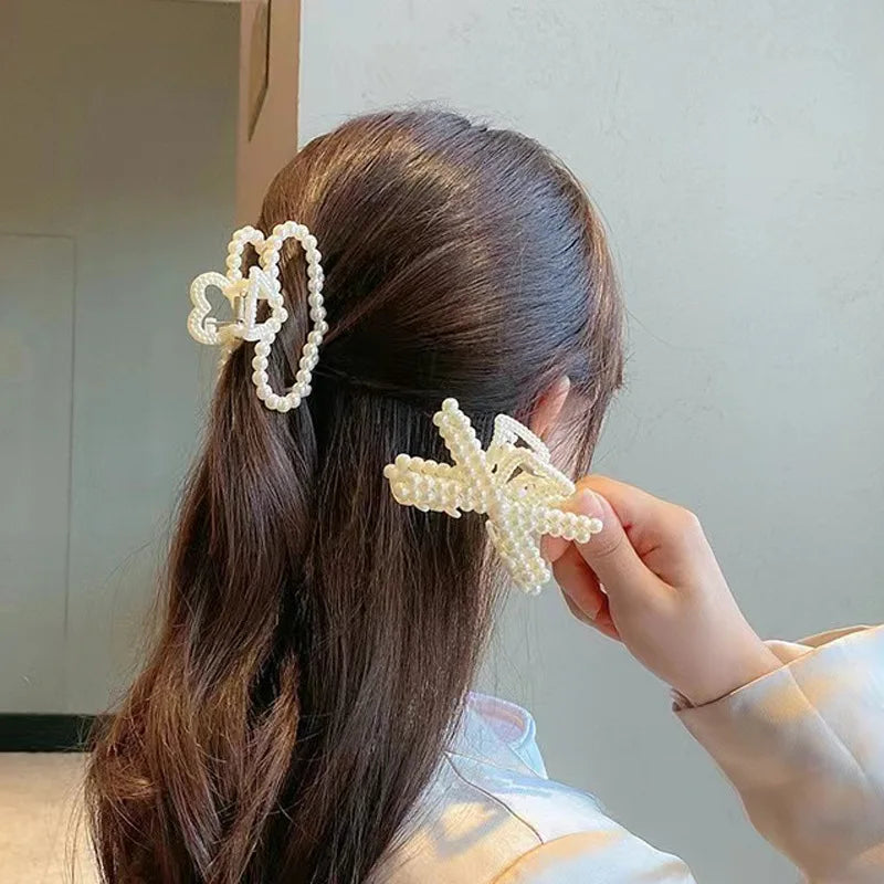 Hnewly Korean Imitation Pearl Hairpins Geometric Hair Claws Bath Large Catch Clip Shark Clip Back Head Hair Clip Women Hair Accessories