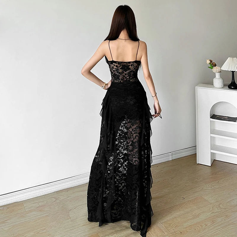 Hnewly Gothic Lace Camis Dress for Women Summer Sexy Hollow Out Patchwork Split Midi Dress Y2K Streetwear Slim Irregular Party Vestidos