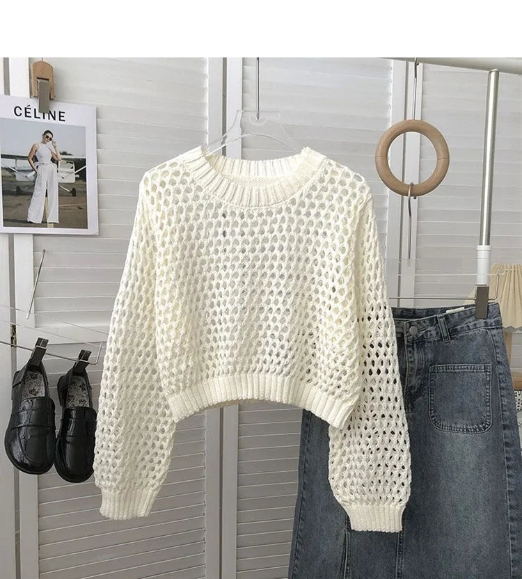 Hnewly Hollow Sun Protection Shirt Women's Summer Loose Pullover O-Neck Puff Long Sleeve Air Conditioning Knitwear Korean Retro Top