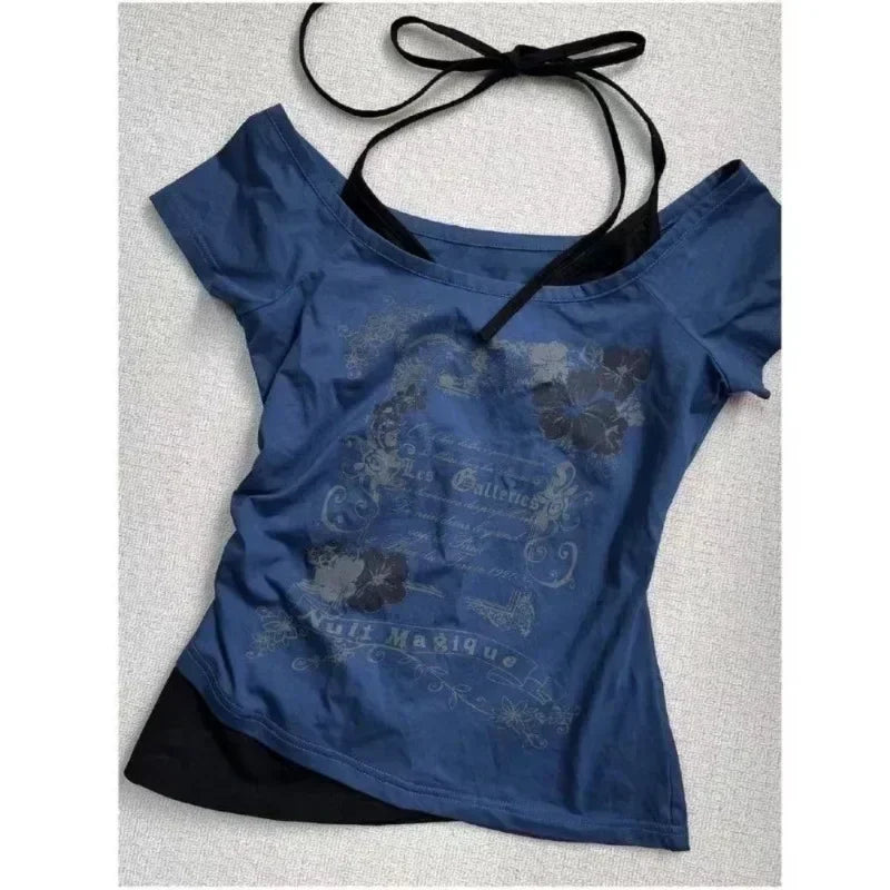 Hnewly Summer Fake Two Pieces Halter Bandage Vintage T-shirts Y2k Aesthetic Slim Crop Tops Women Grunge Print Harajuku Casual Sexy Tee
