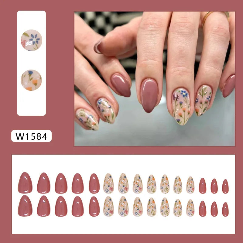 Hnewly 24pcs/set Short Almond Flowers Reusable Adhesive False Nails Cheap Artificial Presss on Nails with Glue Woman Fake Nail Full Set