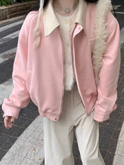 Hnewly  Pink Faux Suede Jacket Women Sweet Long Sleeve Vintage Streetwear Baseball Coat Fall Casual Retro American Y2K Lady Outwear