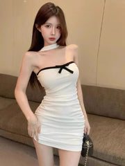 Hnewly  Woman Dress Sexy Sleeveless Bow Halter Backless Summer Fashion New Slim Elegant Party Mini Dresses Female Club Chic
